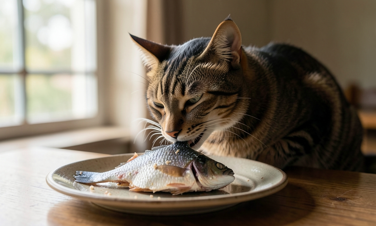 Chat mangeant du poisson frais - alimentation naturelle pour animaux