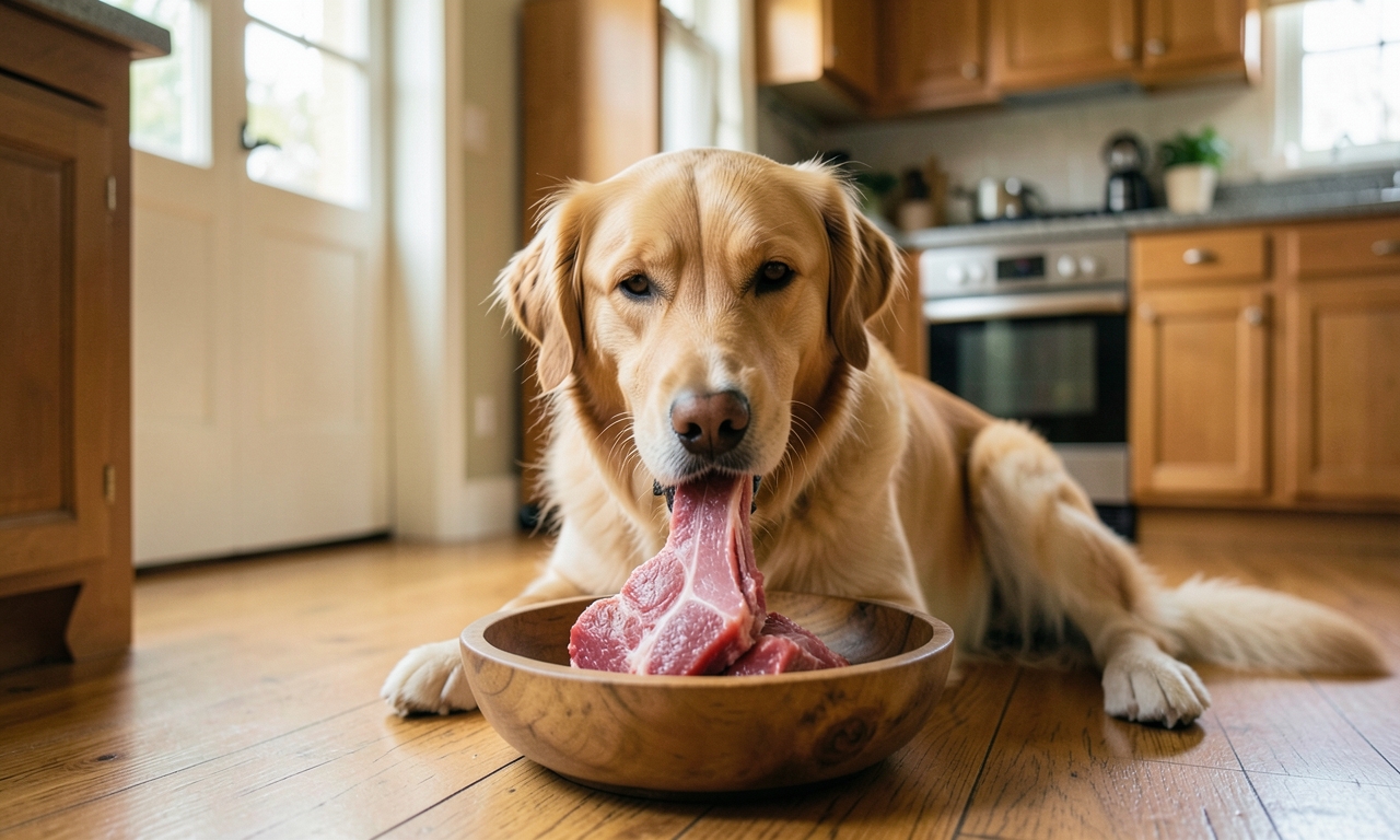 Chien mangeant des aliments naturels animaux - viande crue
