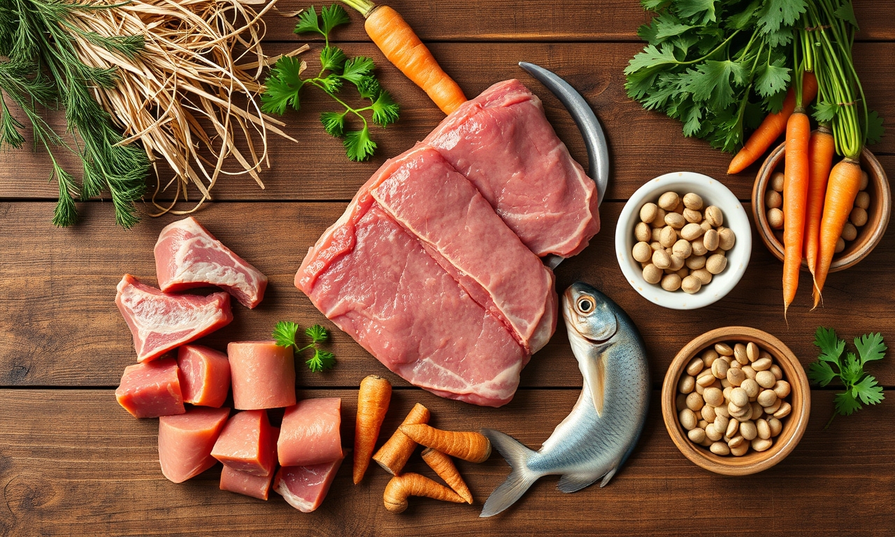 Aliments naturels animaux : flat lay viande, poisson, légumes et foin - Poil&Caille