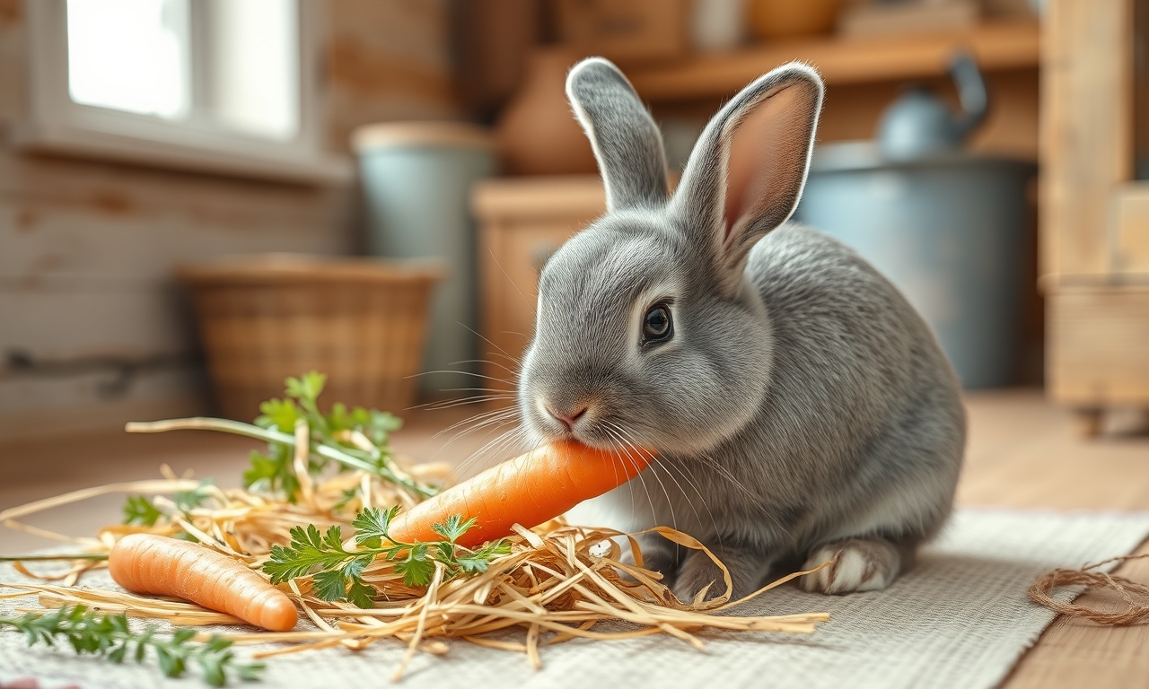 Lapin avec carotte et foin - aliments naturels pour rongeurs