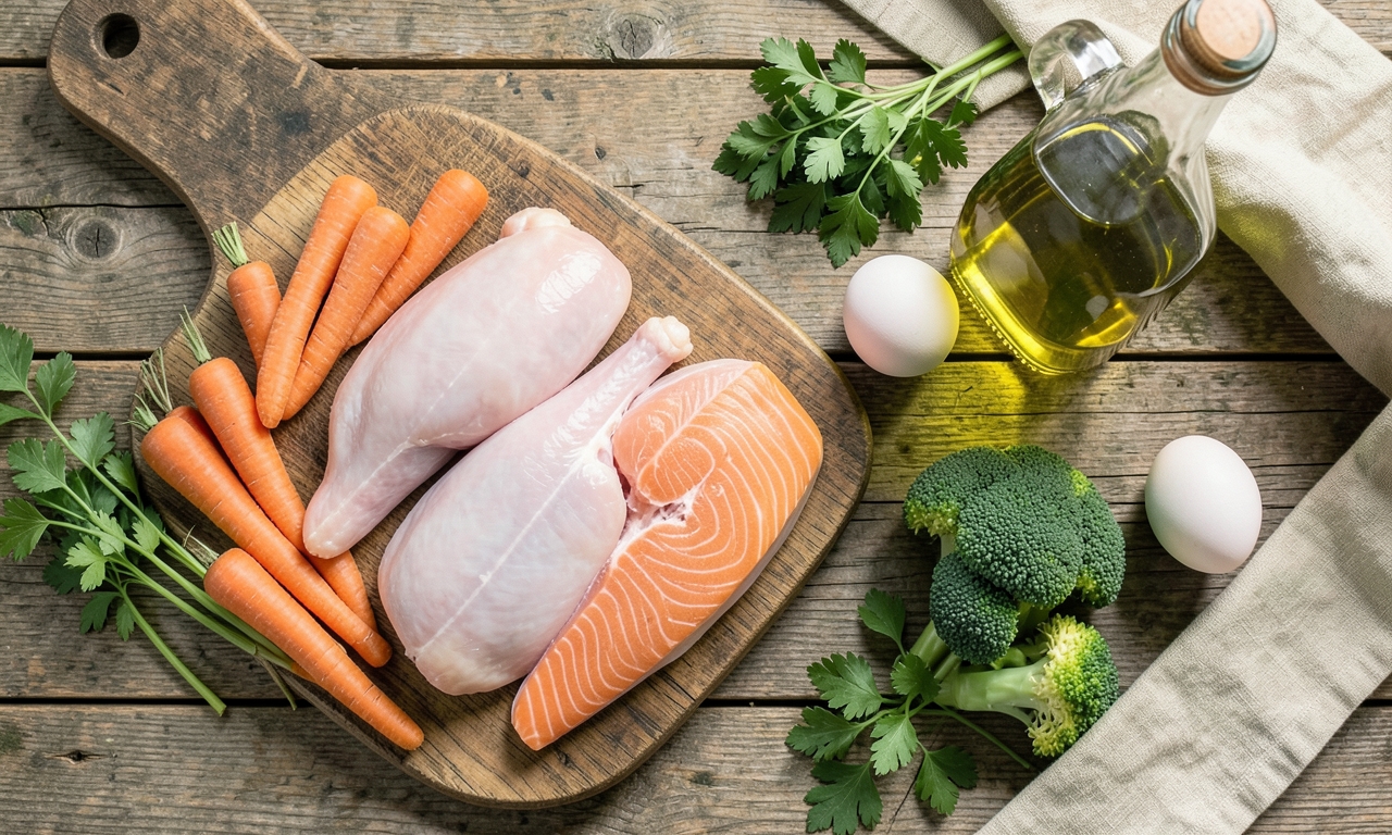 Aliments naturels chien : viandes, légumes, œufs, huiles - sélection Poil&Caille