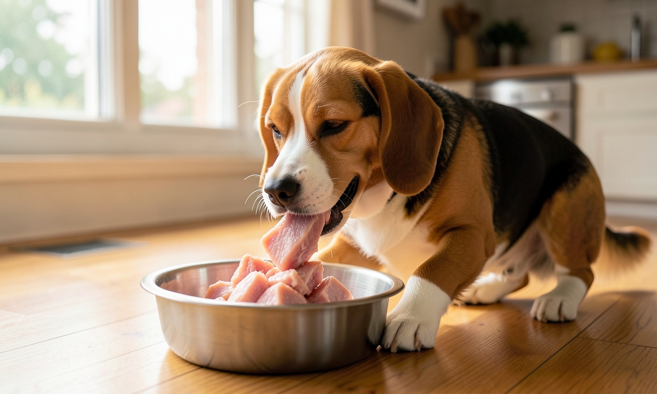 Chien mangeant viande fraîche : aliments naturels chien sans additifs