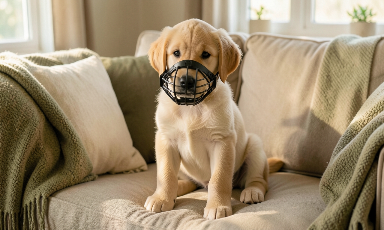 Chiot golden retriever portant une muselière cage ergonomique — apprentissage Poil&Caille