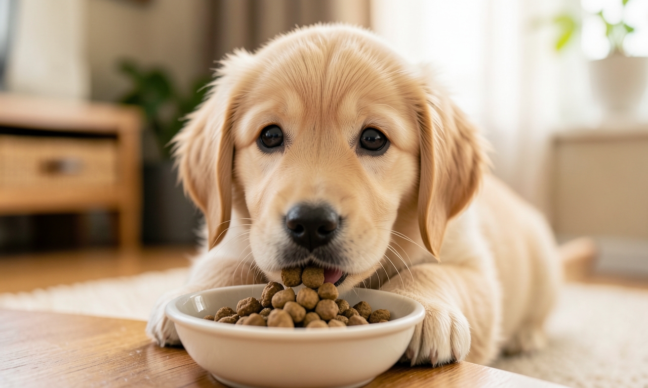 Chiot mangeant des croquettes Ownat Prime Junior - alimentation croissance