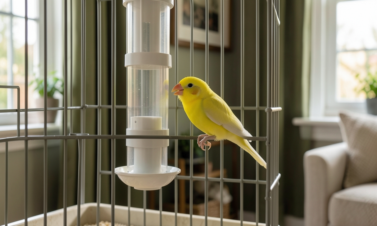 Canari qui se nourrit calmement à sa mangeoire automatique