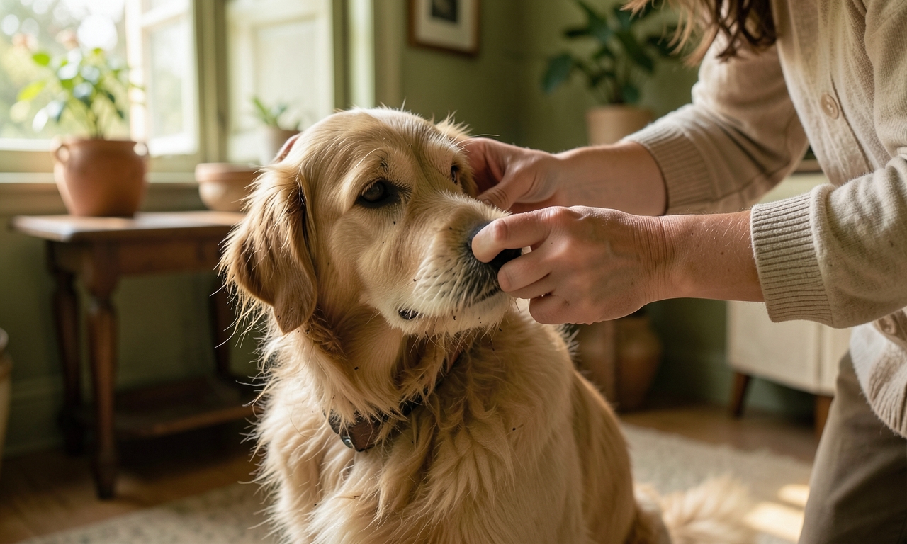 Inspection régulière du pelage du chien pour repérer les tiques après une promenade