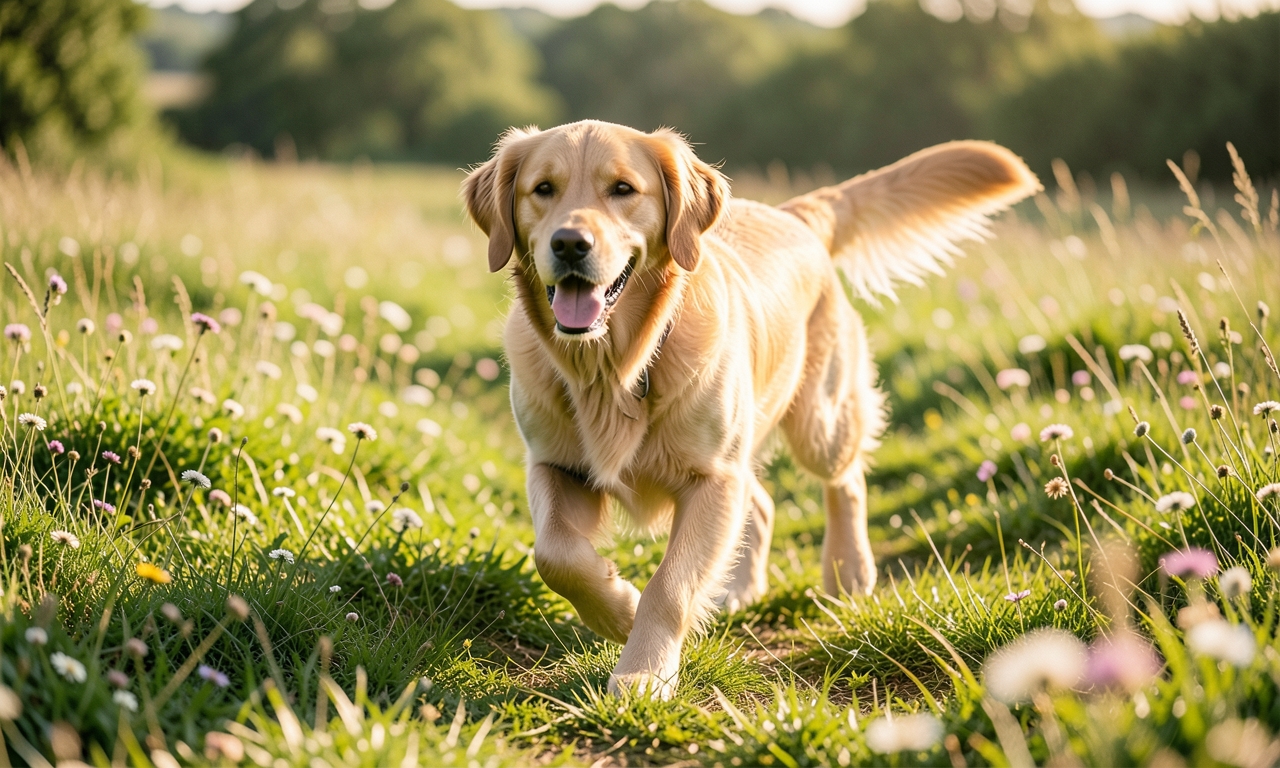 Antiparasitaire naturel chien : golden retriever en prairie - sélection Poil&Caille