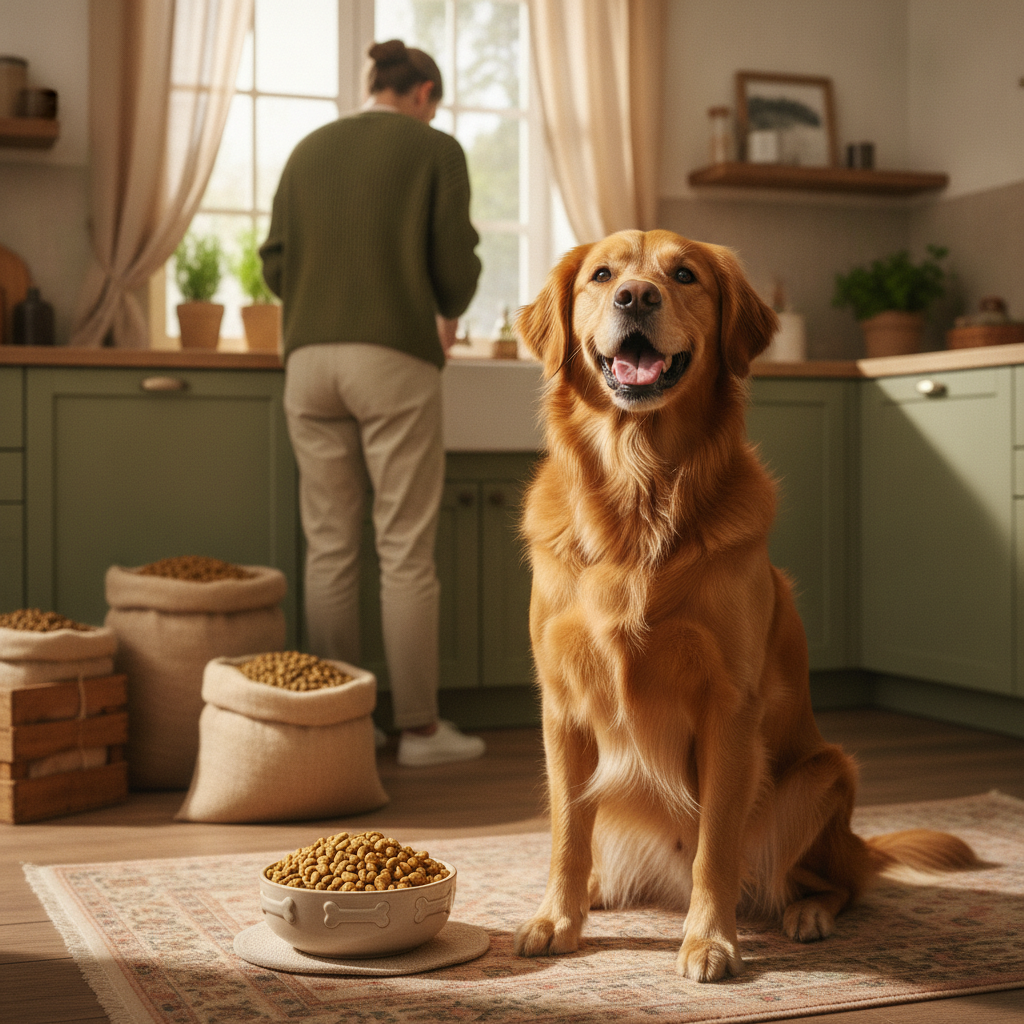 Choisir aliments chien : chien heureux devant sa gamelle de croquettes