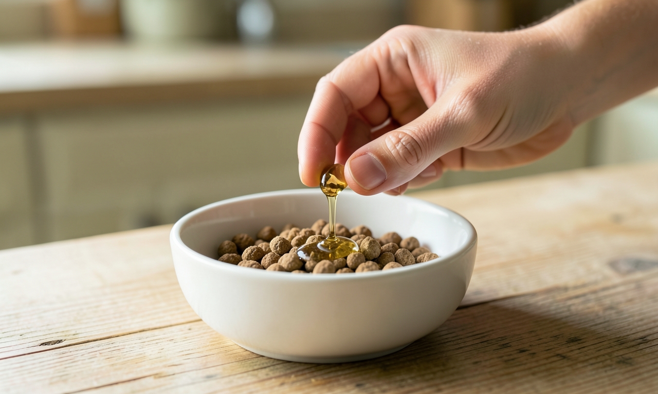 Goutte d'huile sur croquettes : dosage compléments alimentaires animaux