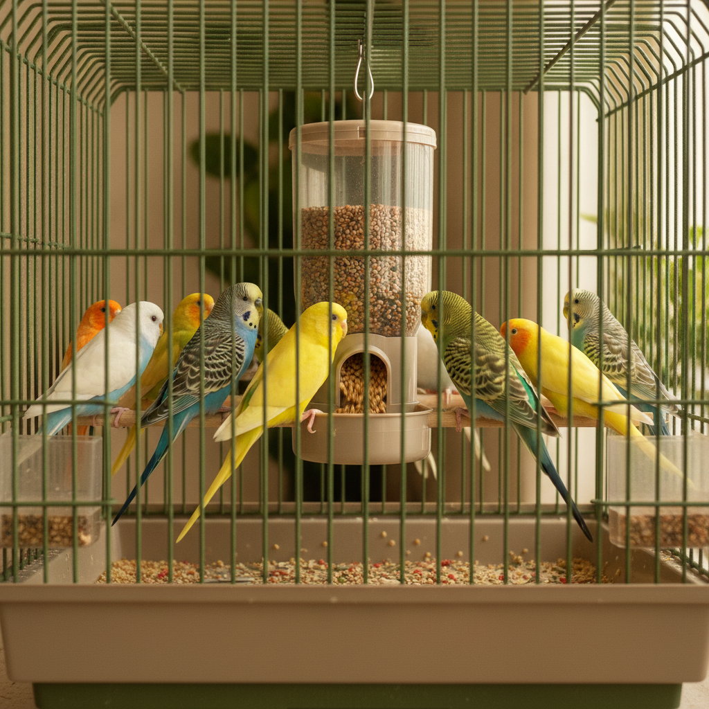 Distributeur graines oiseaux : perruches et canaris se nourrissant