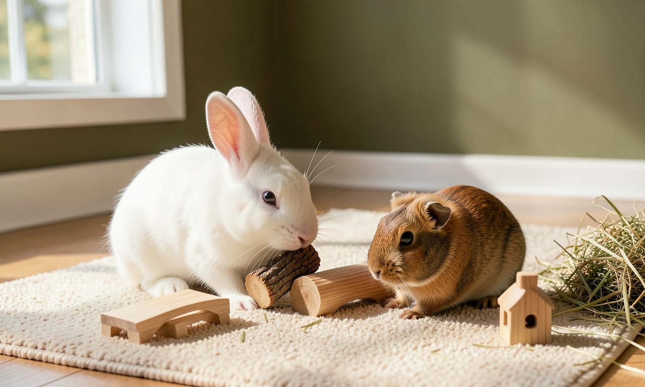 Lapin et cochon d'Inde jouant avec un jouet bois rongeur naturel Poil&Caille