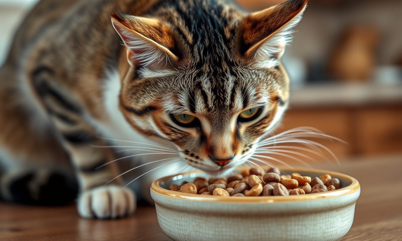 Chat adulte mangeant des croquettes de qualité : nourrir son chat avec protéines animales