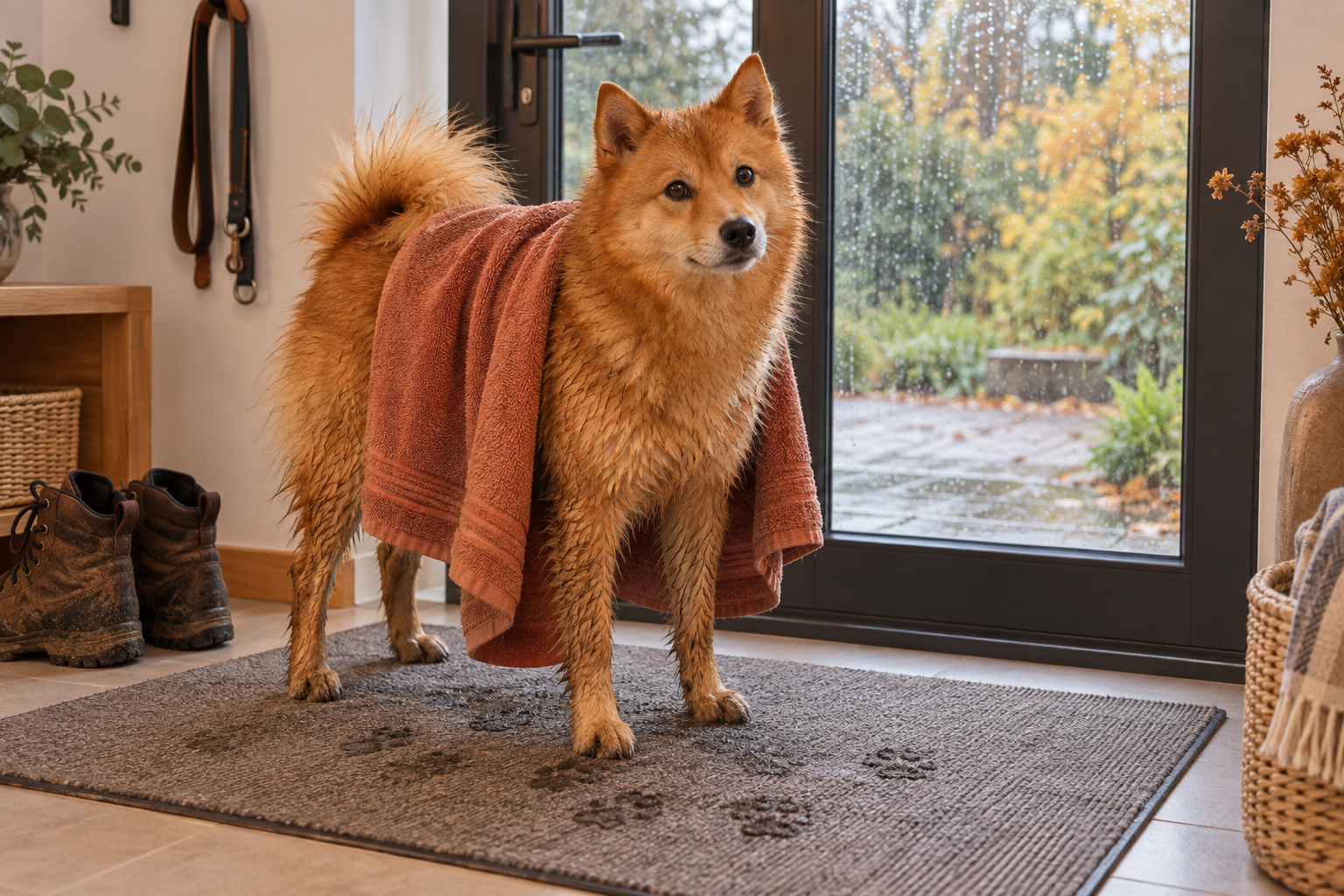 Chien mouillé séché avec une serviette après une promenade sous la pluie
