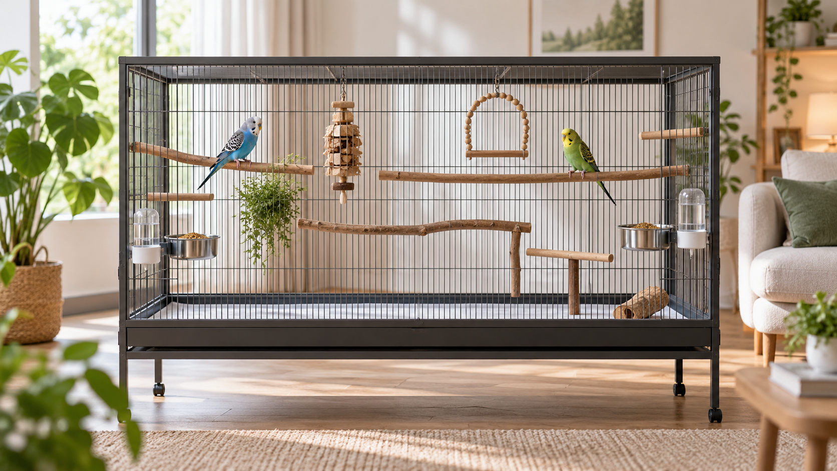 Aménager une cage pour oiseaux avec des perchoirs variés, des mangeoires et un espace de vol dégagé